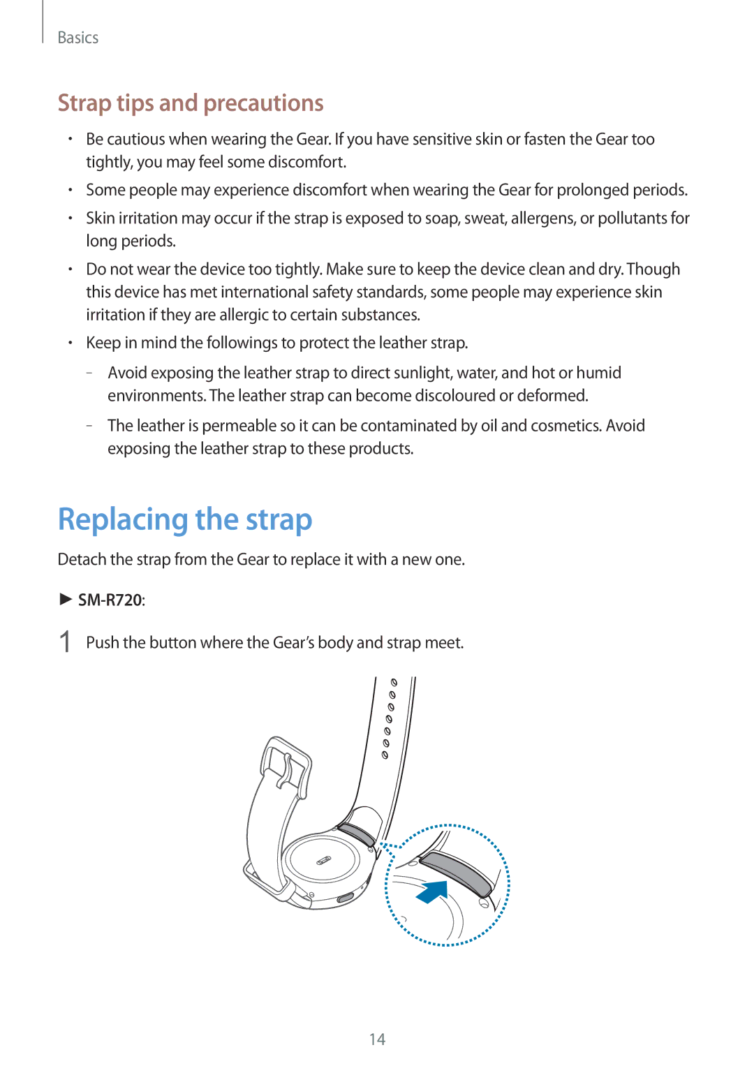 Samsung SM-R7200ZKAKSA, SM-R7200ZWAXJP, SM-R7200ZKAKDI, SM-R7200ZKADCM manual Replacing the strap, Strap tips and precautions 