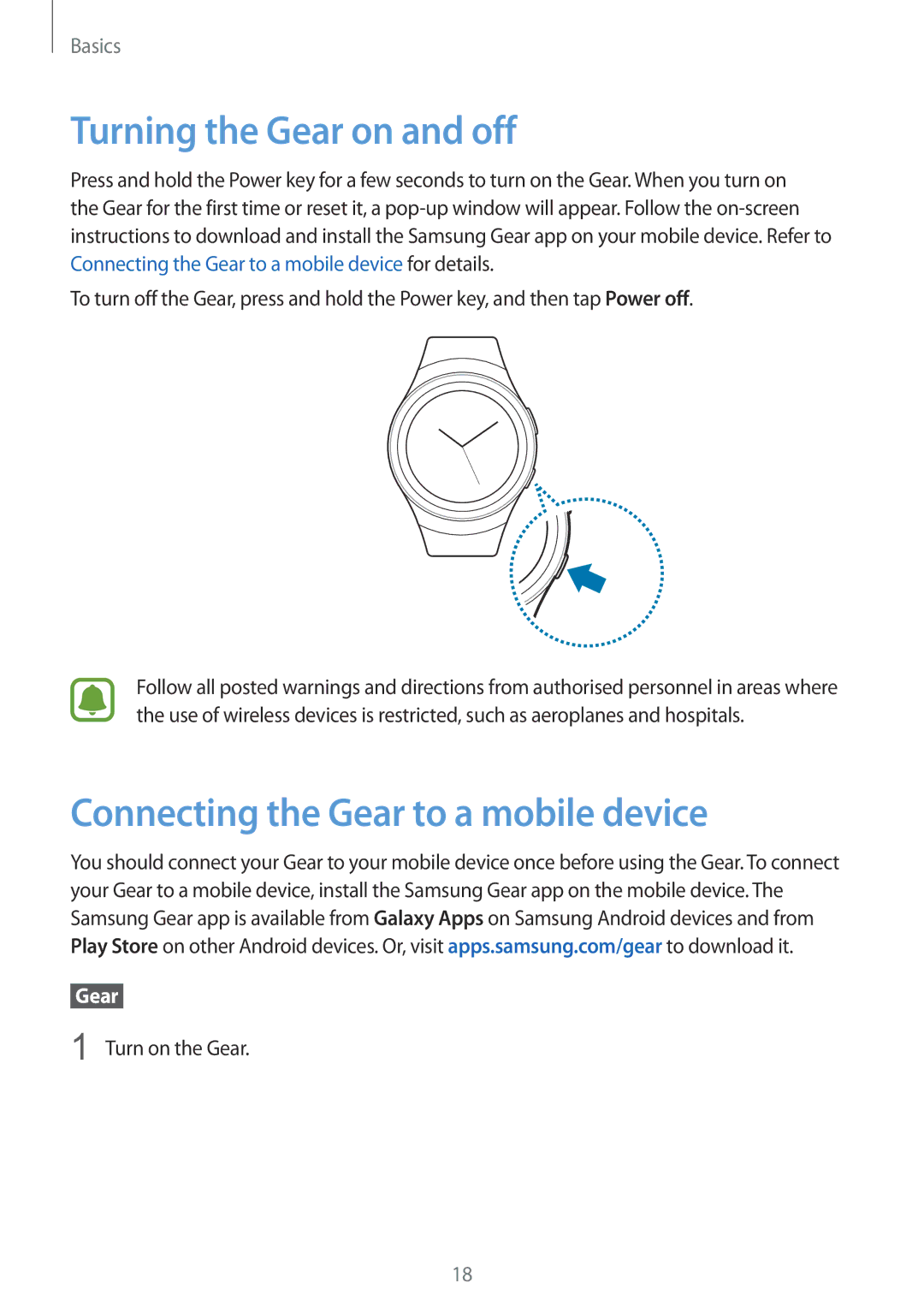 Samsung SM-R7200ZWAXJP manual Turning the Gear on and off, Connecting the Gear to a mobile device, Turn on the Gear 