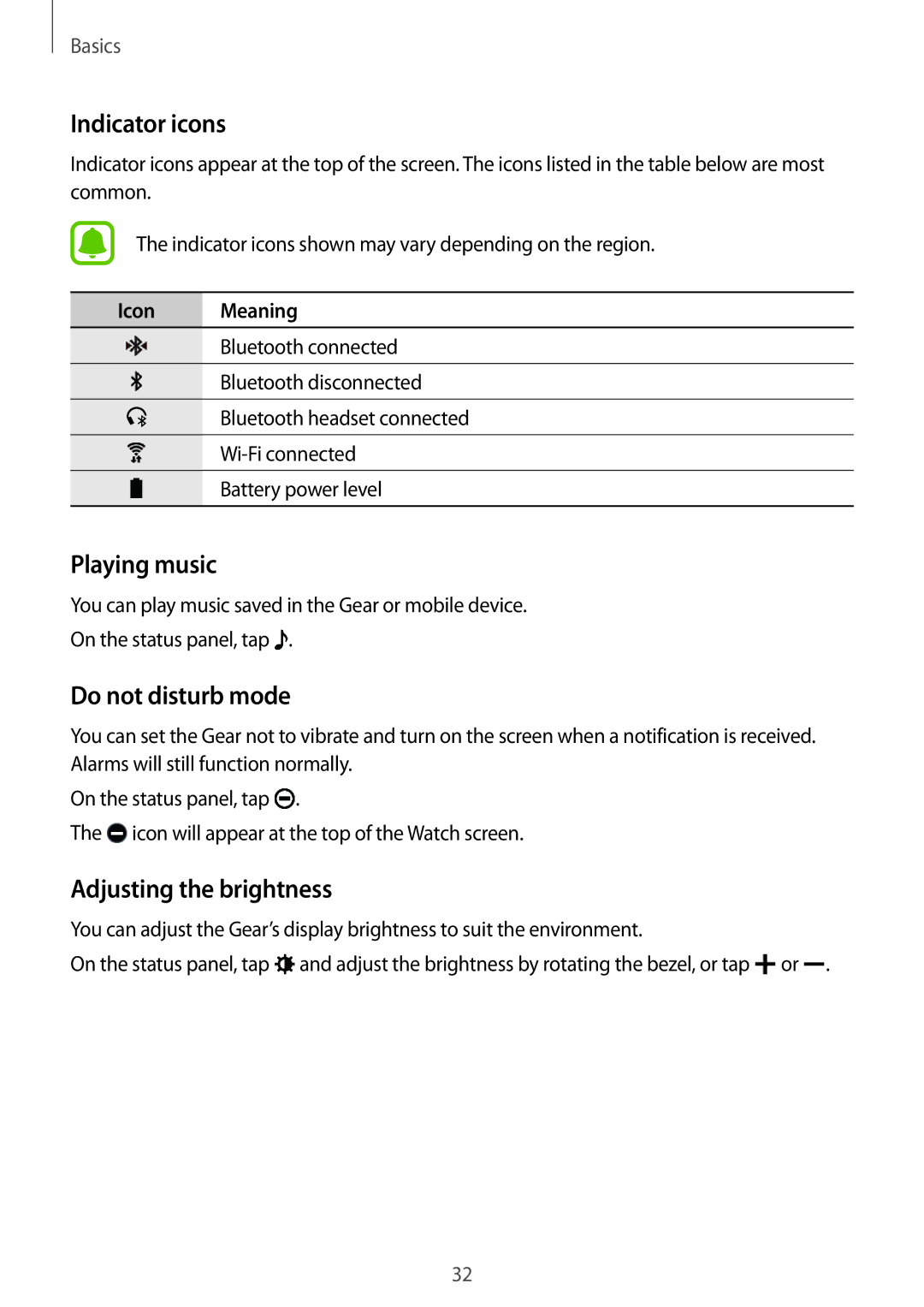 Samsung SM-R7200ZKAKSA manual Indicator icons, Playing music, Do not disturb mode, Adjusting the brightness, Icon Meaning 