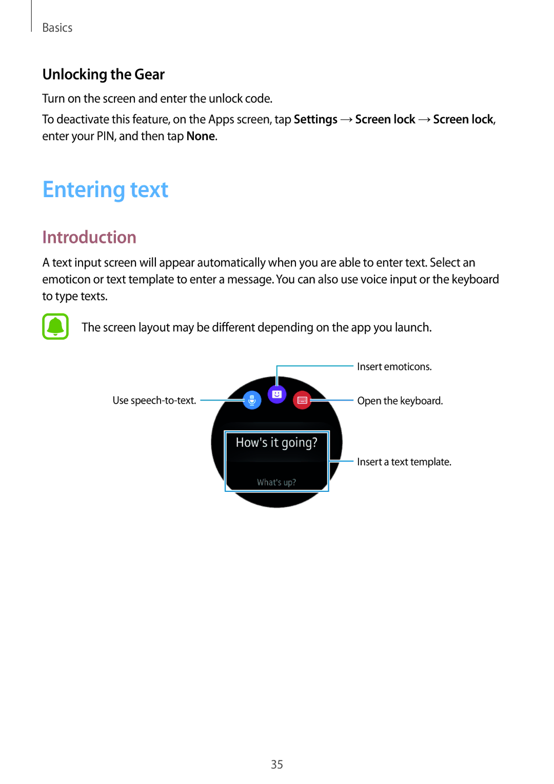 Samsung SM-R7200ZKAILO, SM-R7200ZWAXJP, SM-R7200ZKAKDI, SM-R7200ZKADCM, SM-R7200ZKAXJP manual Entering text, Unlocking the Gear 