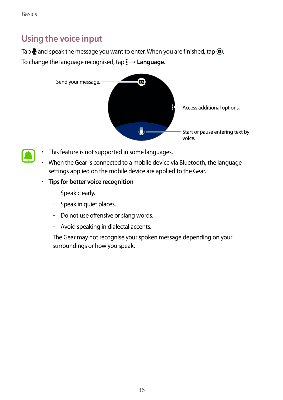 Samsung SM-R7200ZWAXJP, SM-R7200ZKAKDI manual Using the voice input, This feature is not supported in some languages 