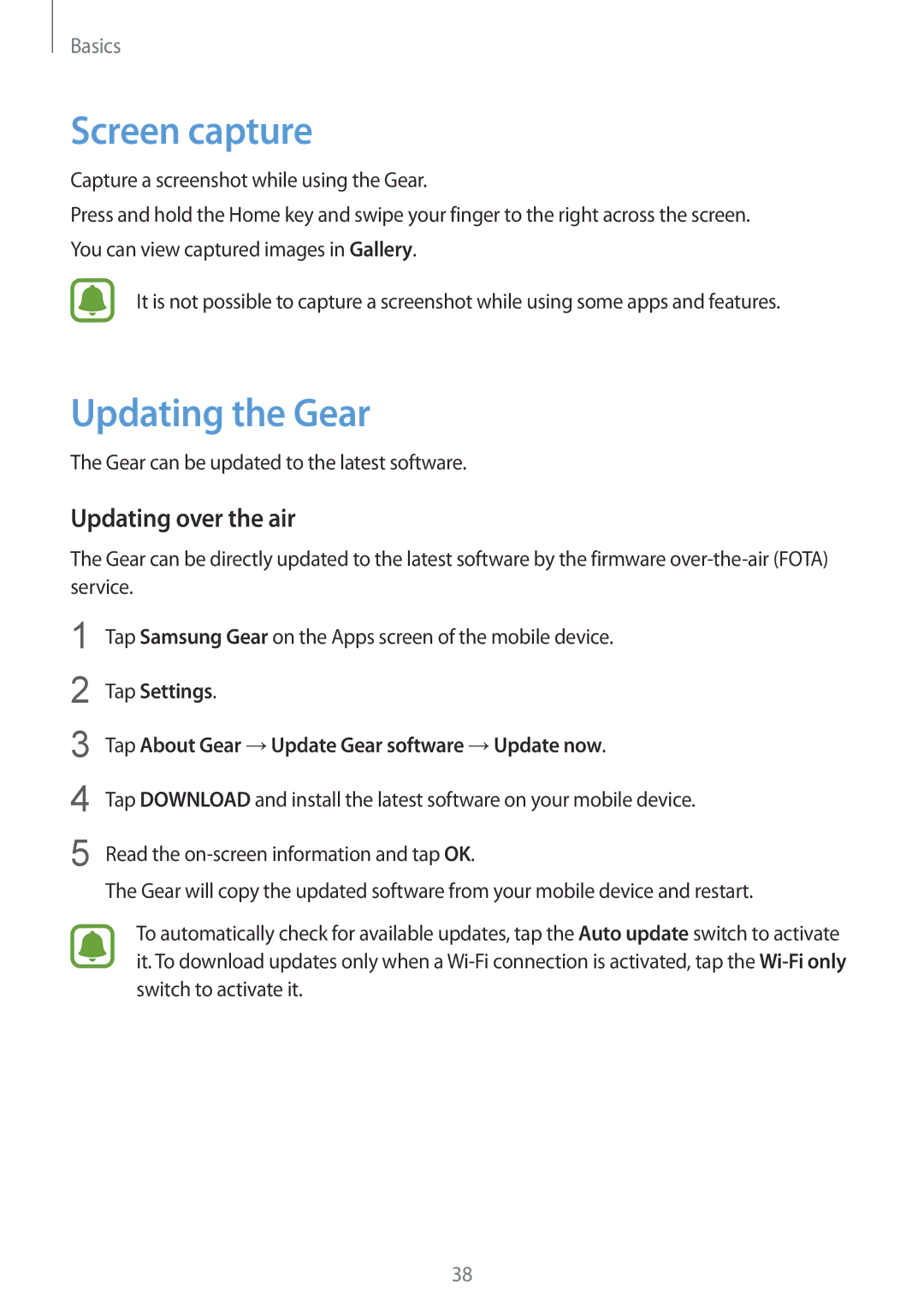 Samsung SM-R7200ZKADCM, SM-R7200ZWAXJP, SM-R7200ZKAKDI manual Screen capture, Updating the Gear, Updating over the air 