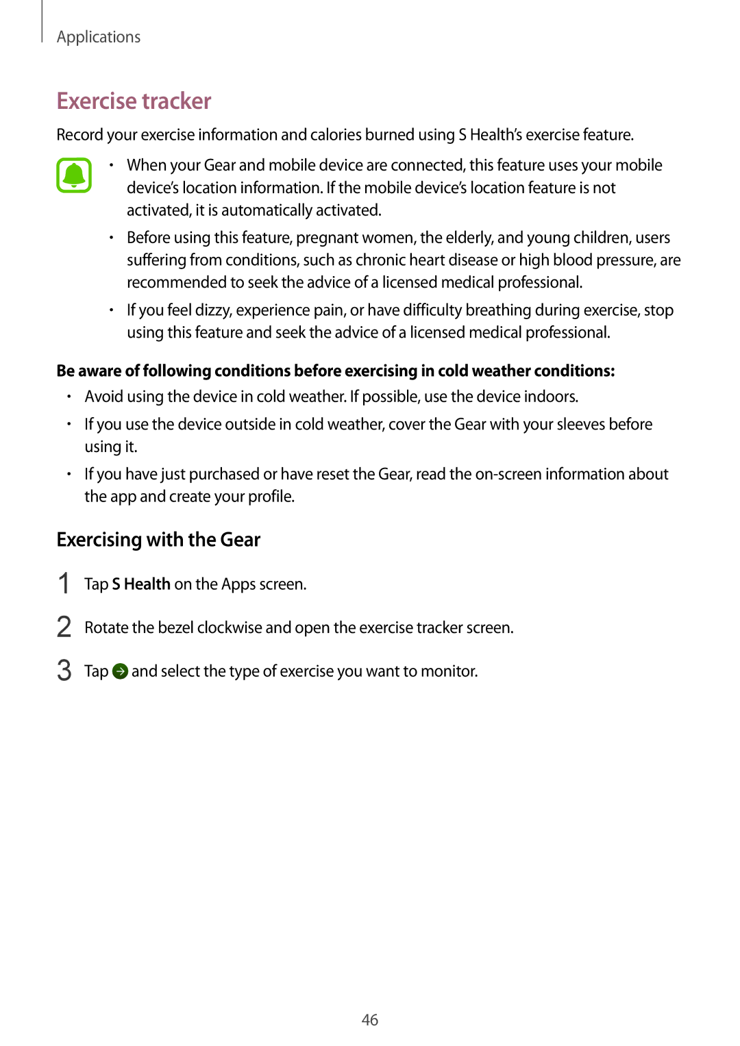 Samsung SM-R7200ZKAKDI, SM-R7200ZWAXJP, SM-R7200ZKADCM, SM-R7200ZKAXJP manual Exercise tracker, Exercising with the Gear 