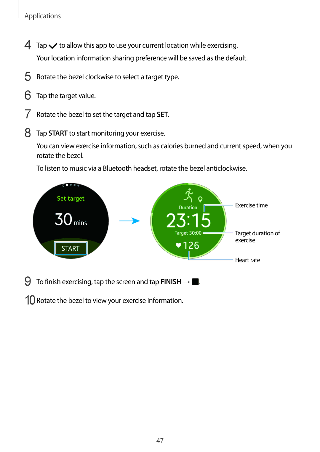 Samsung SM-R7200ZKADCM, SM-R7200ZWAXJP, SM-R7200ZKAKDI, SM-R7200ZKAXJP Exercise time Target duration of exercise Heart rate 