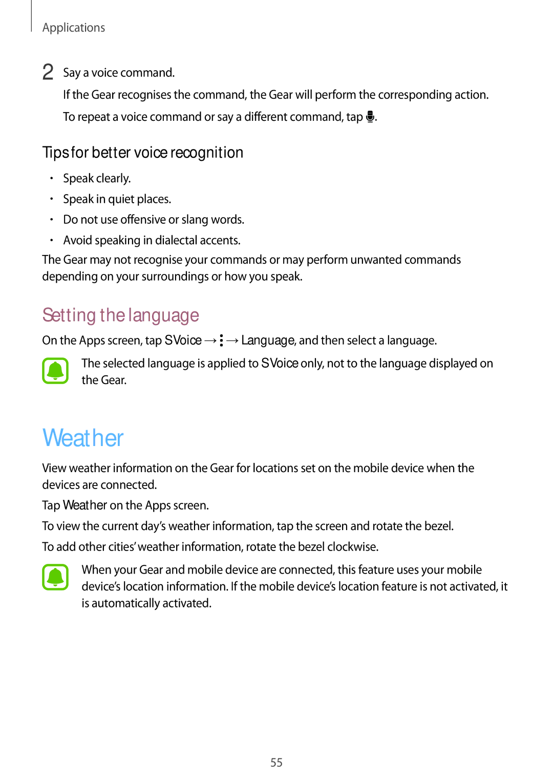 Samsung SM-R7200ZKAKDI manual Weather, Setting the language, Tips for better voice recognition, Say a voice command 