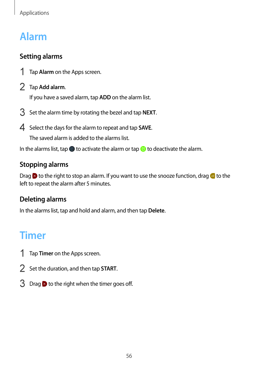 Samsung SM-R7200ZKADCM, SM-R7200ZWAXJP, SM-R7200ZKAKDI manual Alarm, Timer, Setting alarms, Stopping alarms, Deleting alarms 