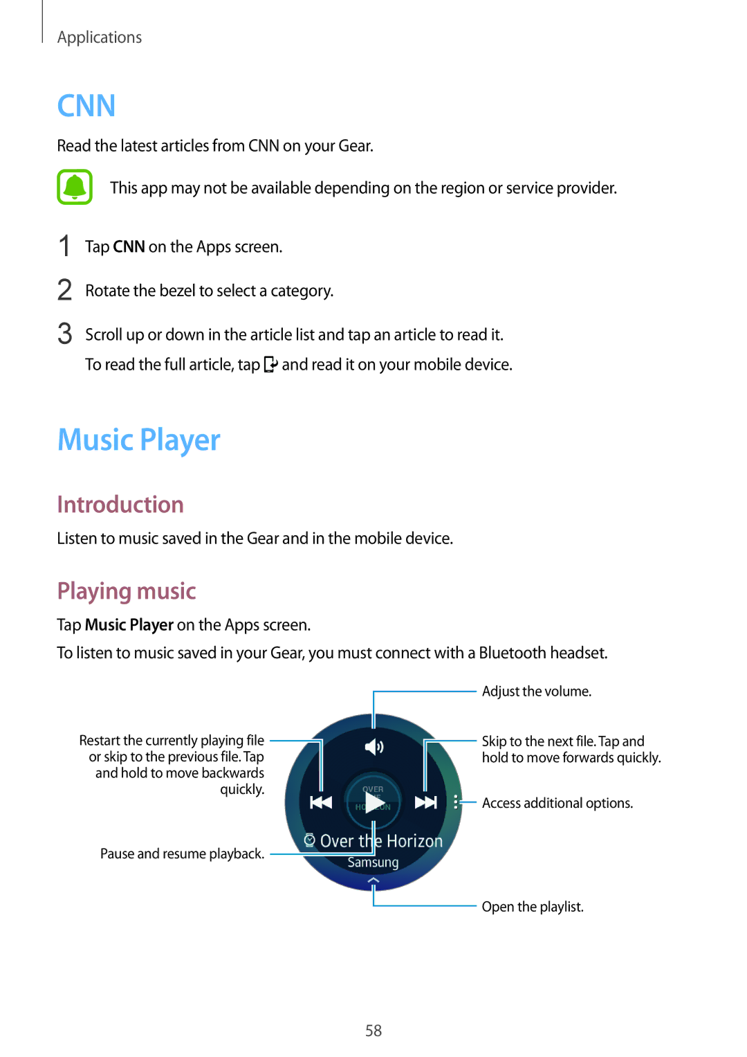 Samsung SM-R7200ZWAKSA manual Music Player, Playing music, Listen to music saved in the Gear and in the mobile device 