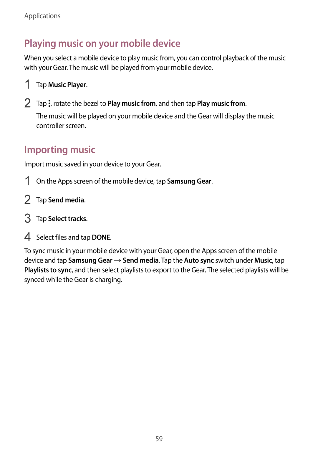 Samsung SM-R7200ZKAKSA, SM-R7200ZWAXJP manual Playing music on your mobile device, Importing music, Tap Music Player 