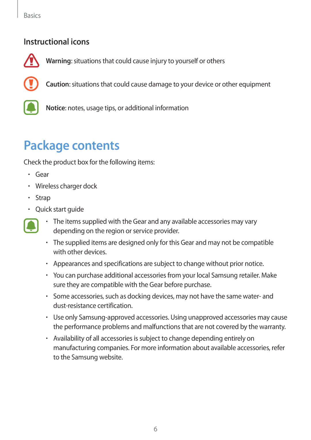 Samsung SM-R7200ZKAXXV, SM-R7200ZWAXJP, SM-R7200ZKAKDI, SM-R7200ZKADCM, SM-R7200ZKAXJP, SM-R7200ZWAKSA manual Package contents 