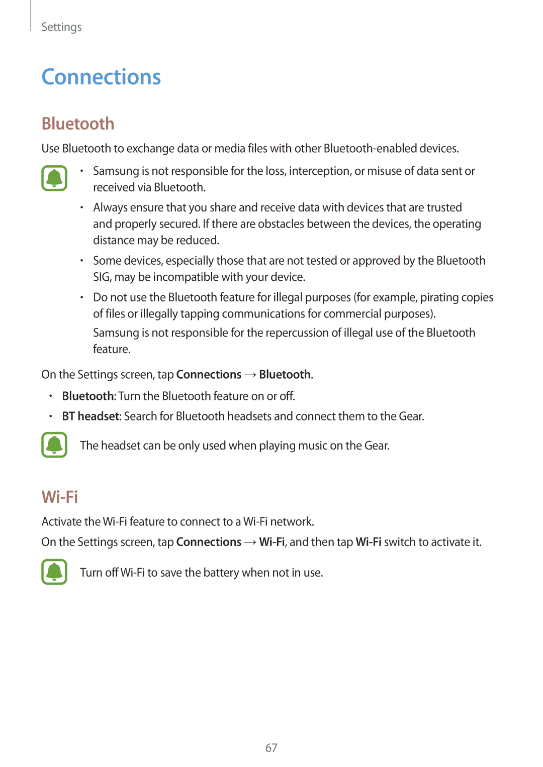 Samsung SM-R7200ZWAKSA manual Connections, Bluetooth, Activate the Wi-Fi feature to connect to a Wi-Fi network 