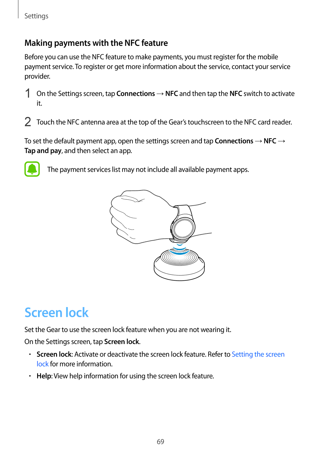 Samsung SM-R7200ZKAXXV, SM-R7200ZWAXJP, SM-R7200ZKAKDI, SM-R7200ZKADCM Screen lock, Making payments with the NFC feature 