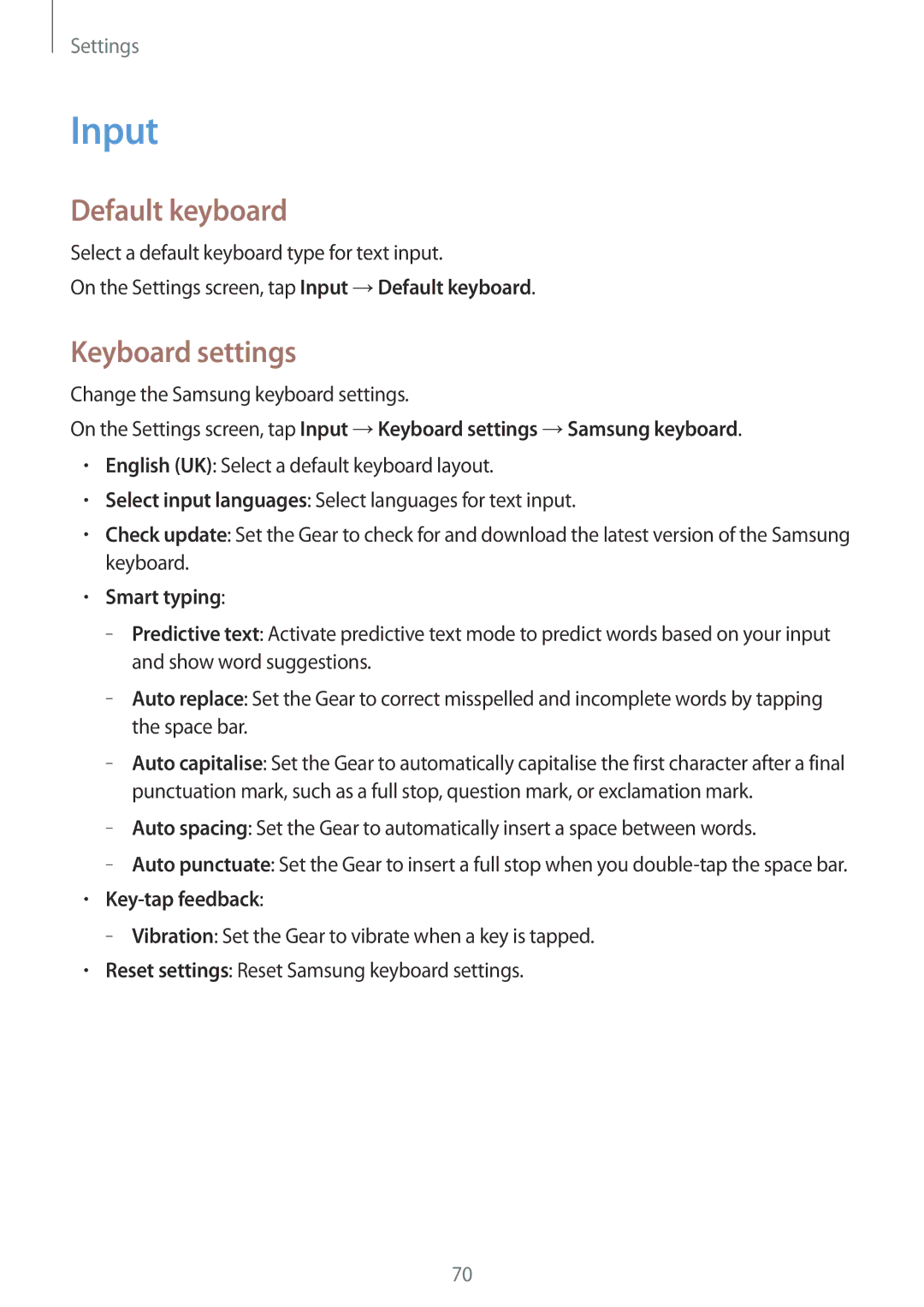 Samsung SM-R7200ZWAILO, SM-R7200ZWAXJP manual Input, Default keyboard, Keyboard settings, Smart typing, Key-tap feedback 