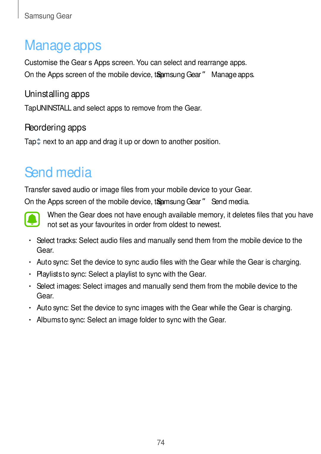 Samsung SM-R7200ZKADCM Manage apps, Send media, Reordering apps, Tap Uninstall and select apps to remove from the Gear 