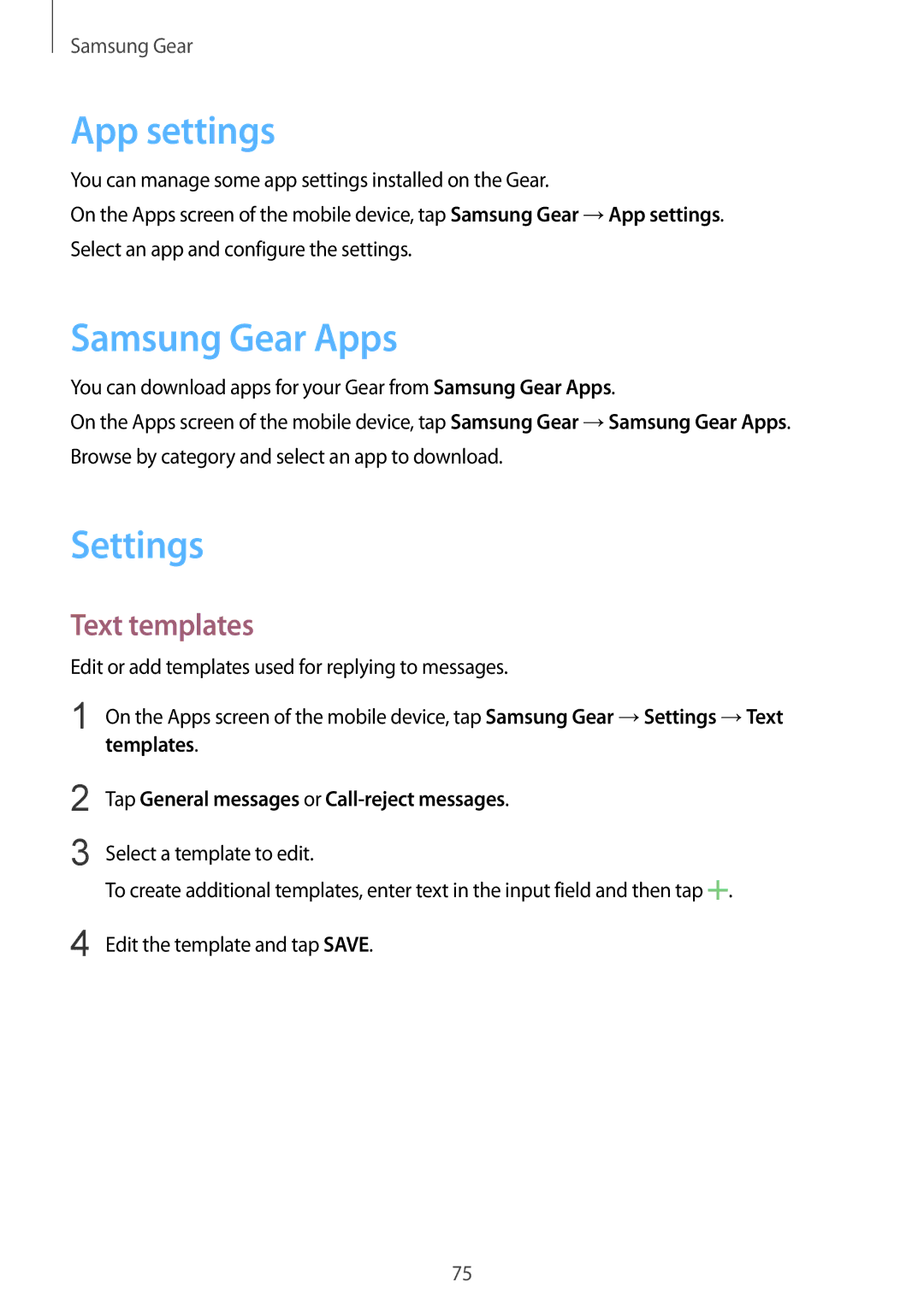 Samsung SM-R7200ZKAXJP, SM-R7200ZWAXJP, SM-R7200ZKAKDI manual App settings, Samsung Gear Apps, Settings, Text templates 