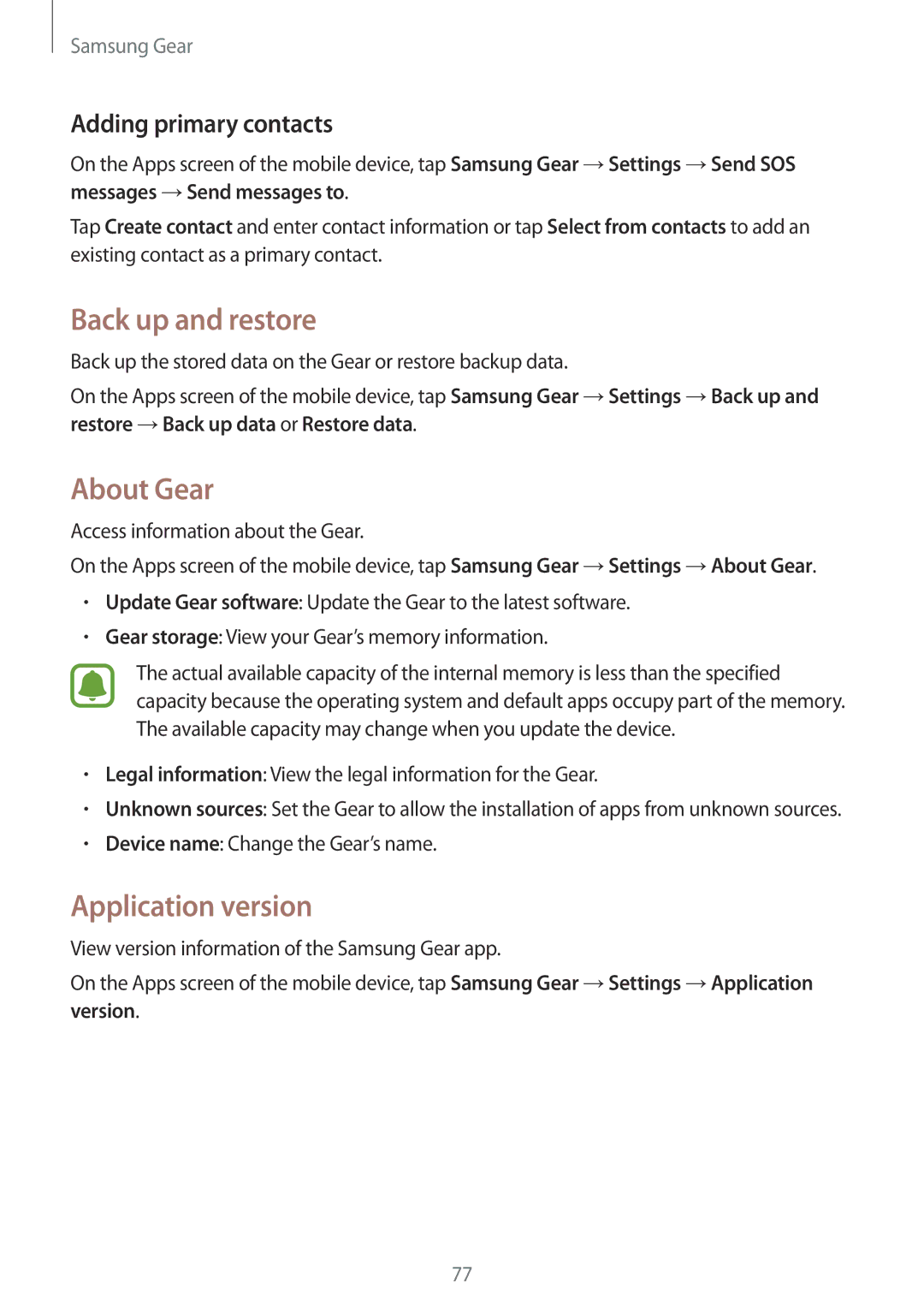 Samsung SM-R7200ZKAKSA manual Back up and restore, About Gear, Application version, Adding primary contacts, Version 