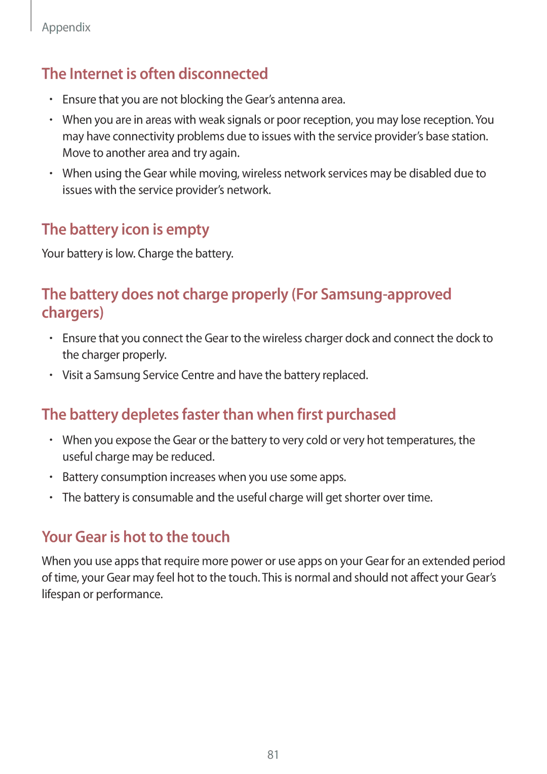 Samsung SM-R7200ZWAXJP, SM-R7200ZKAKDI manual Internet is often disconnected, Your battery is low. Charge the battery 