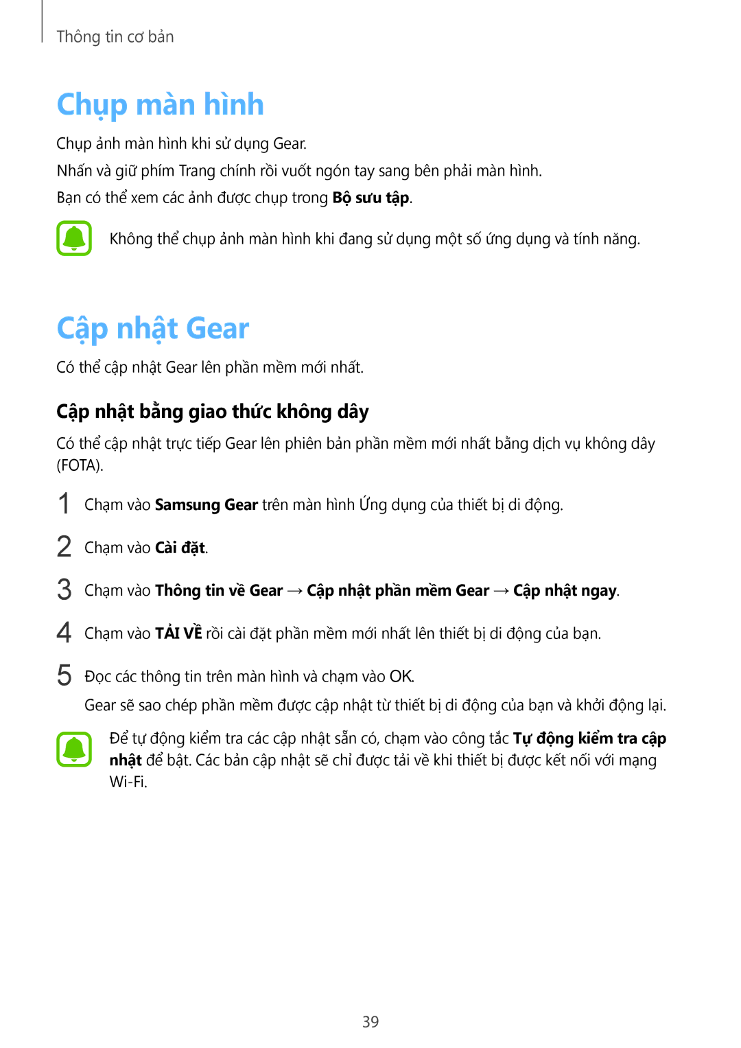 Samsung SM-R7320ZKAXXV, SM-R7320WDAXXV manual Chụp màn hình, Cập nhật Gear, Cập nhật bằng giao thức không dây 