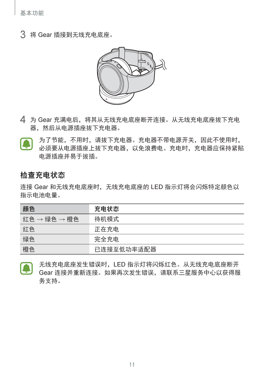 Samsung SM-R7320ZKAXXV, SM-R7320WDAXXV manual 检查充电状态, Gear 插接到无线充电底座。 