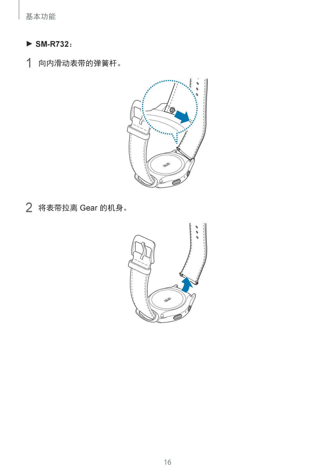 Samsung SM-R7320WDAXXV, SM-R7320ZKAXXV manual 向内滑动表带的弹簧杆。 将表带拉离 Gear 的机身。 