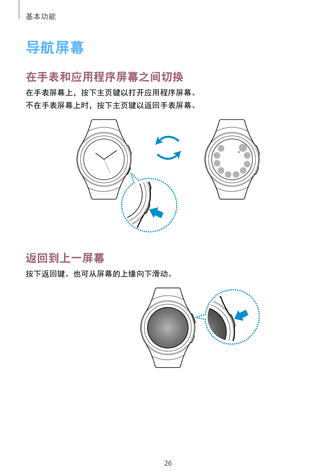 Samsung SM-R7320WDAXXV, SM-R7320ZKAXXV manual 导航屏幕, 在手表和应用程序屏幕之间切换, 返回到上一屏幕 