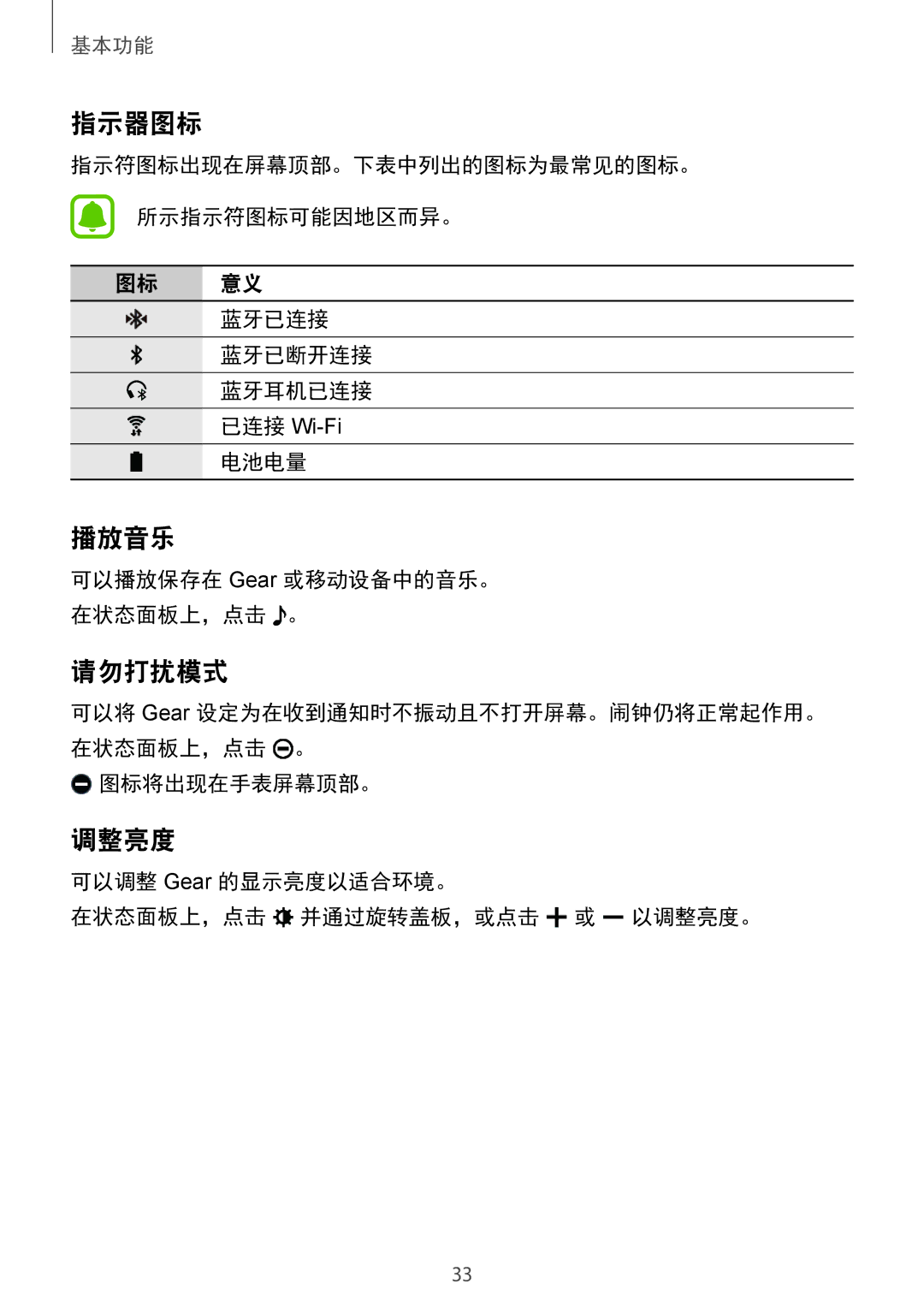 Samsung SM-R7320ZKAXXV, SM-R7320WDAXXV manual 指示器图标, 播放音乐, 请勿打扰模式, 调整亮度 