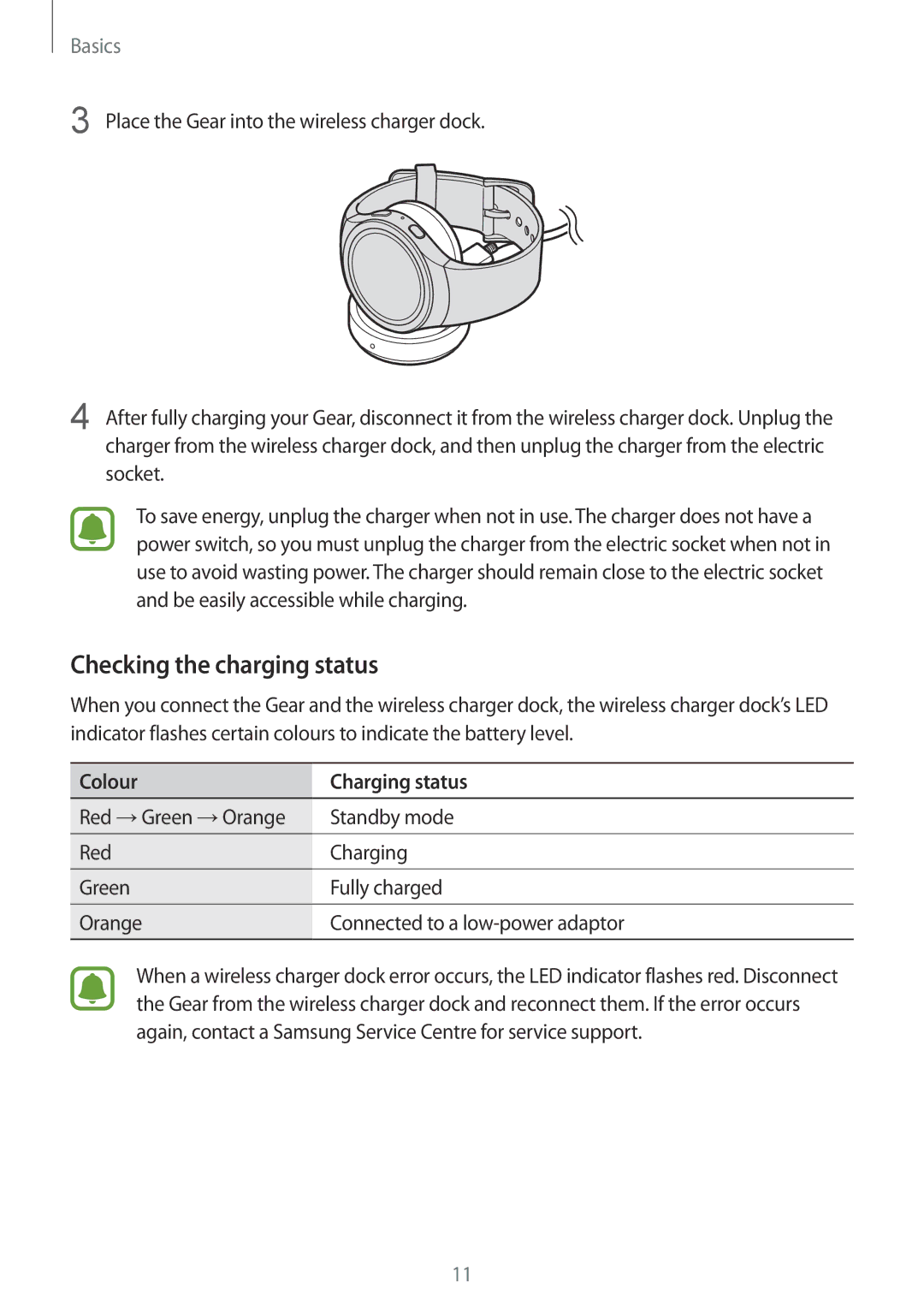 Samsung SM-R7320ZKADCM, SM-R7320ZKADBT, SM-R7320WDADBT, SM-R7200ZKADBT Checking the charging status, Colour Charging status 