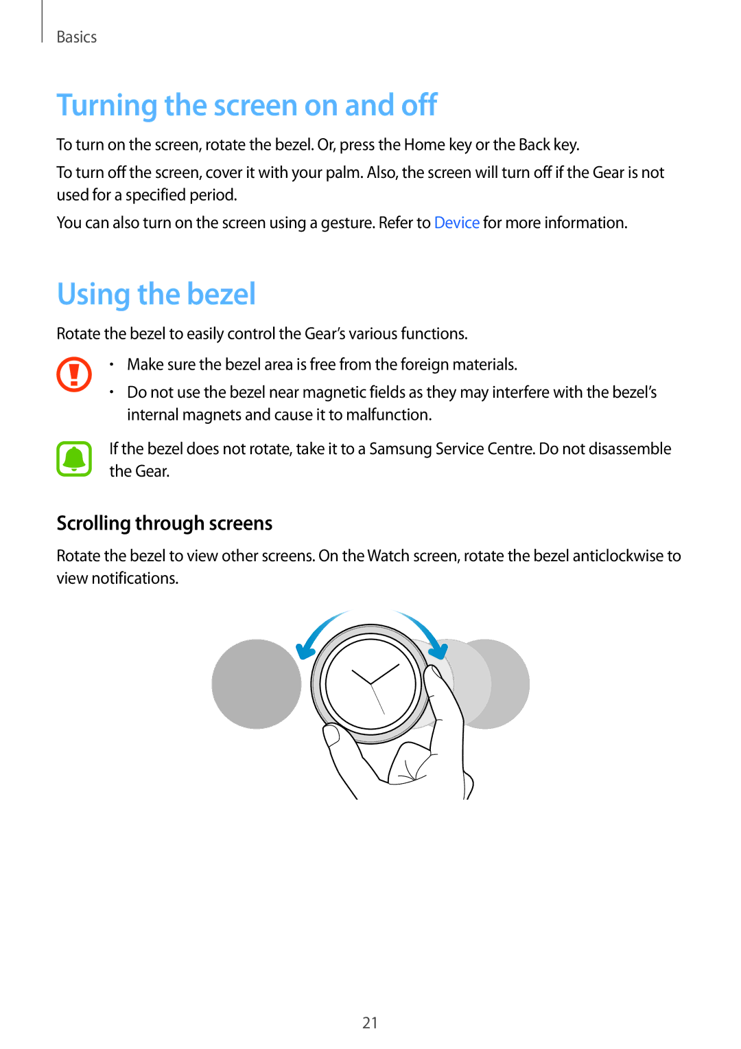 Samsung SM-R7200ZWAPHE, SM-R7320ZKADBT manual Turning the screen on and off, Using the bezel, Scrolling through screens 