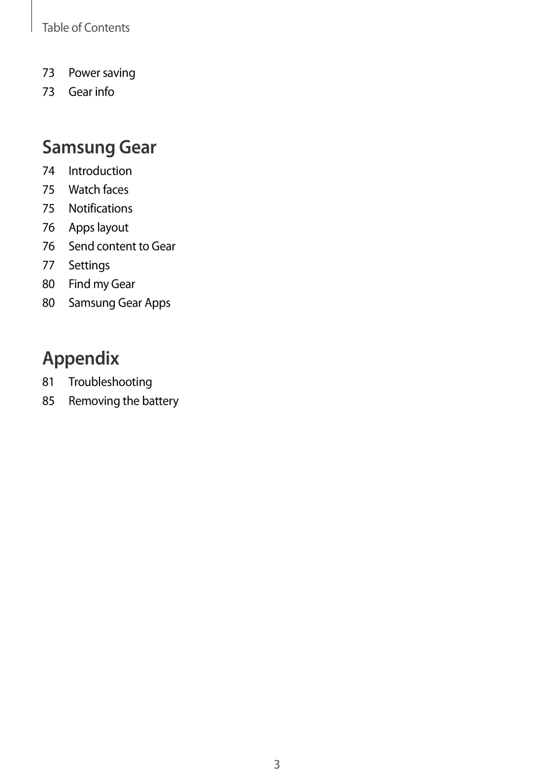 Samsung SM-R7200ZWADBT, SM-R7320ZKADBT, SM-R7320WDADBT manual Power saving Gear info, Troubleshooting Removing the battery 