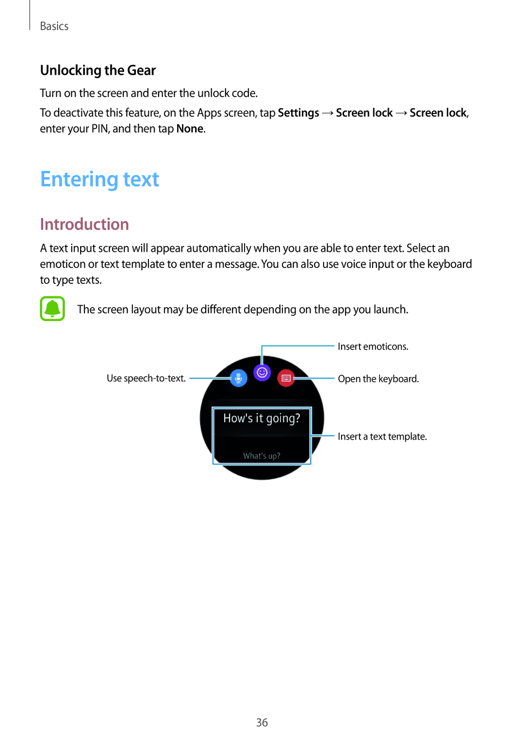 Samsung SM-R7200ZKAXEZ, SM-R7320ZKADBT, SM-R7320WDADBT, SM-R7200ZKADBT, SM-R7200ZWADBT manual Entering text, Unlocking the Gear 