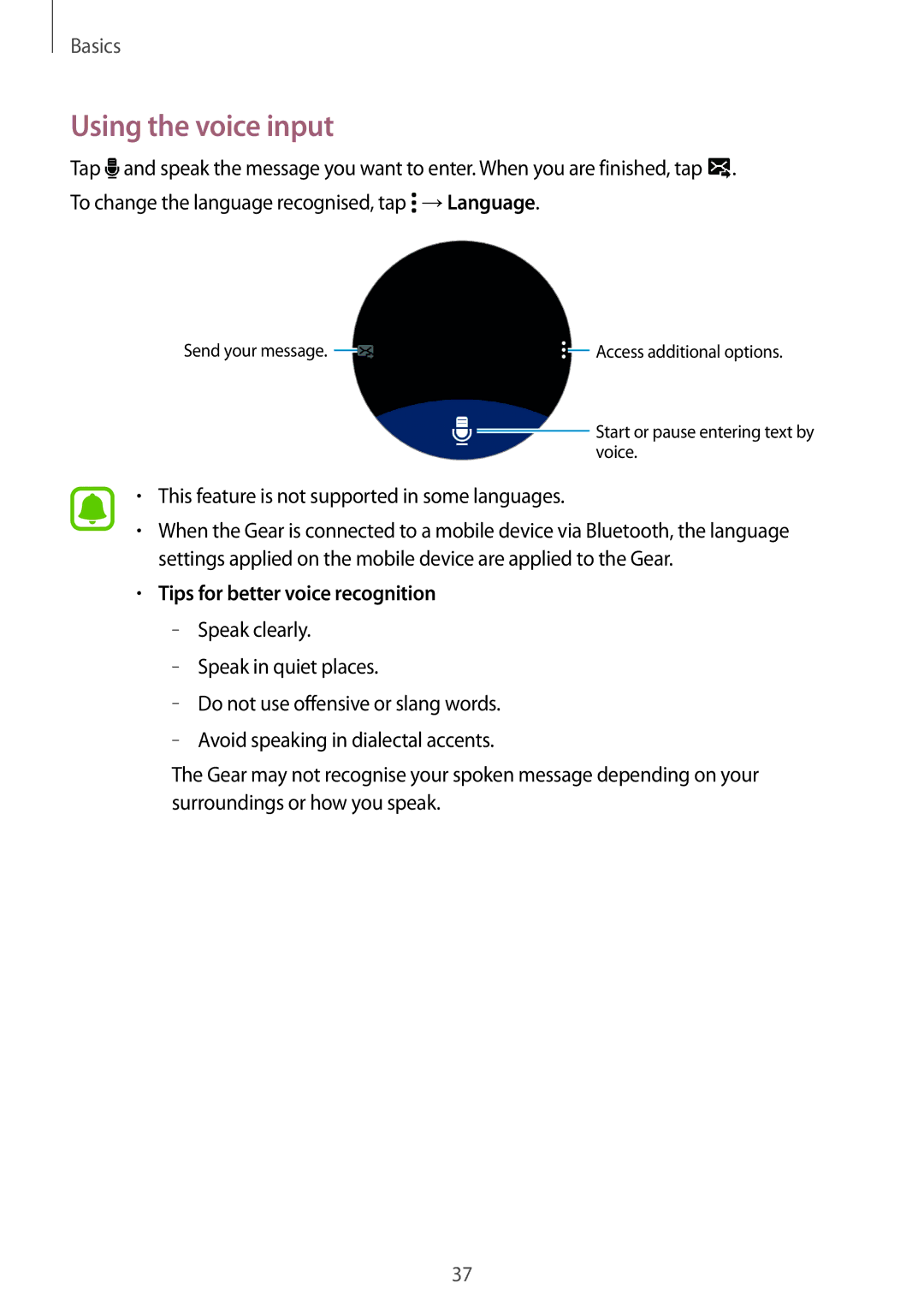 Samsung SM-R7200ZWAXEZ, SM-R7320ZKADBT manual Using the voice input, This feature is not supported in some languages 