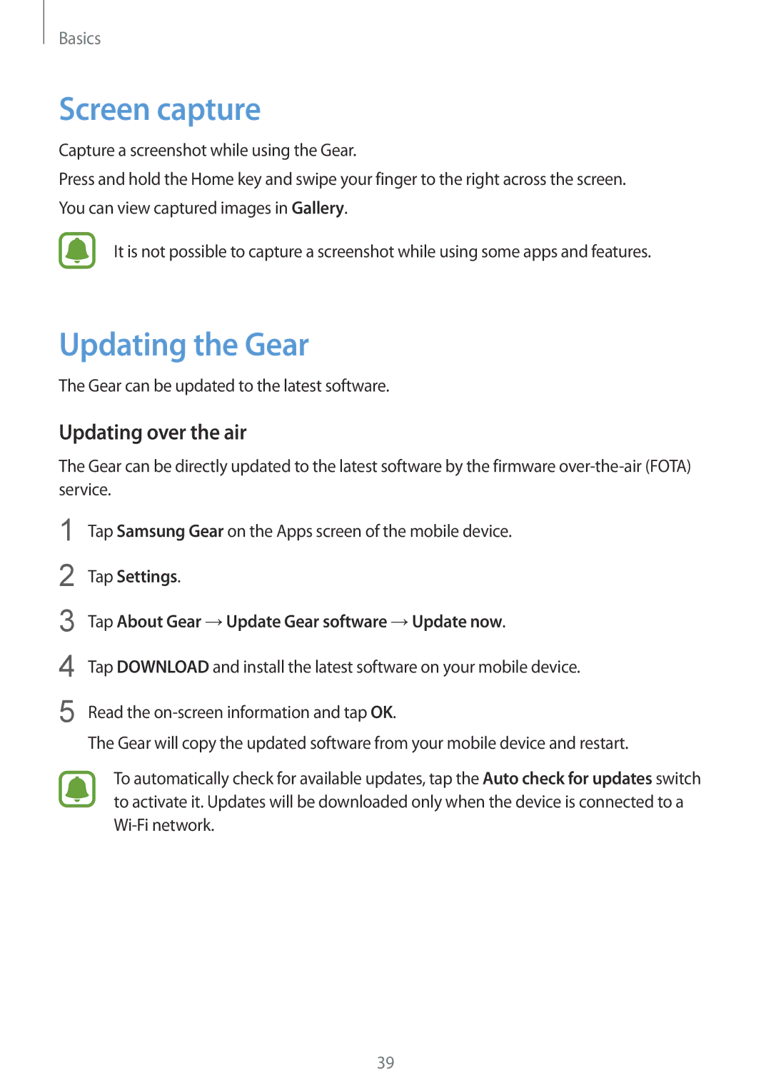 Samsung SM-R7320WDANEE, SM-R7320ZKADBT, SM-R7320WDADBT manual Screen capture, Updating the Gear, Updating over the air 