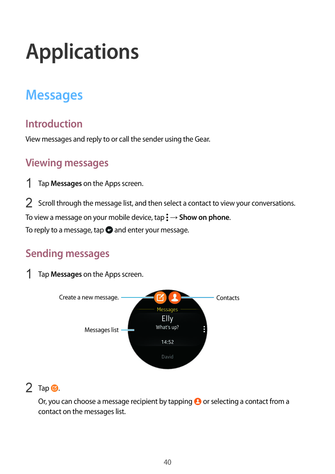 Samsung SM-R7200ZKANEE, SM-R7320ZKADBT manual Viewing messages, Sending messages, Tap Messages on the Apps screen 