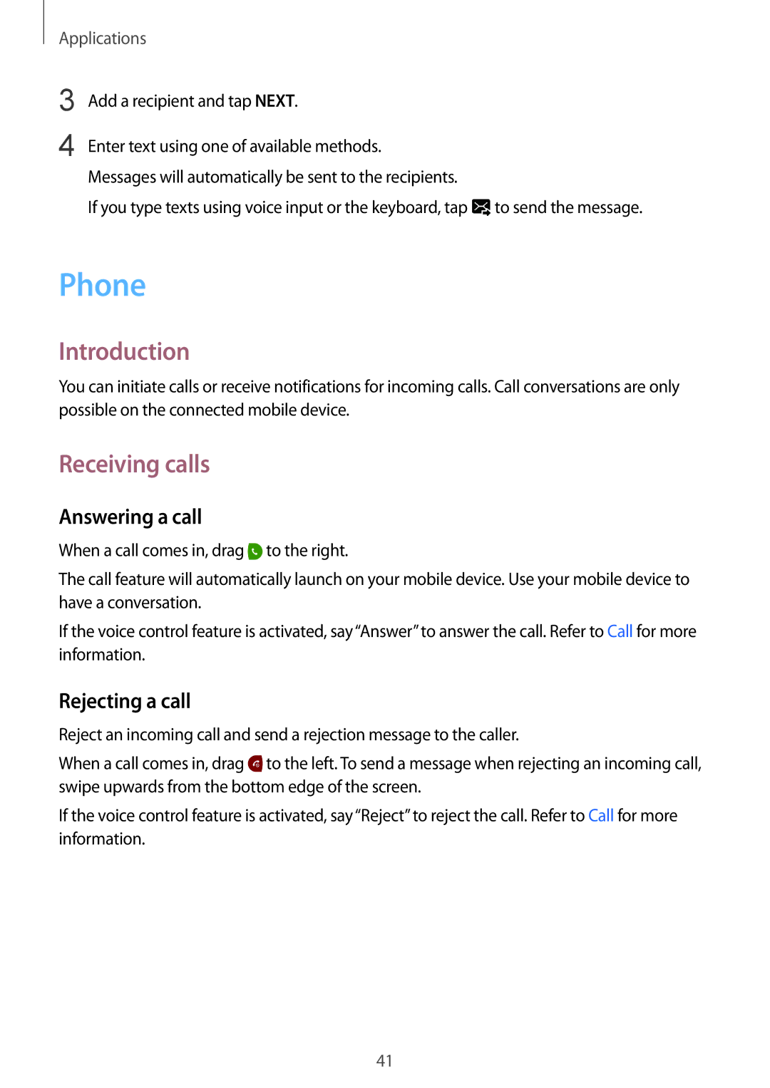 Samsung SM-R7320ZKANEE manual Phone, Receiving calls, Answering a call, Rejecting a call, Add a recipient and tap Next 