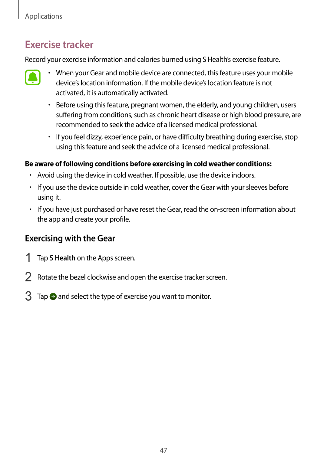 Samsung SM-R7320ZKAEUR, SM-R7320ZKADBT, SM-R7320WDADBT, SM-R7200ZKADBT manual Exercise tracker, Exercising with the Gear 