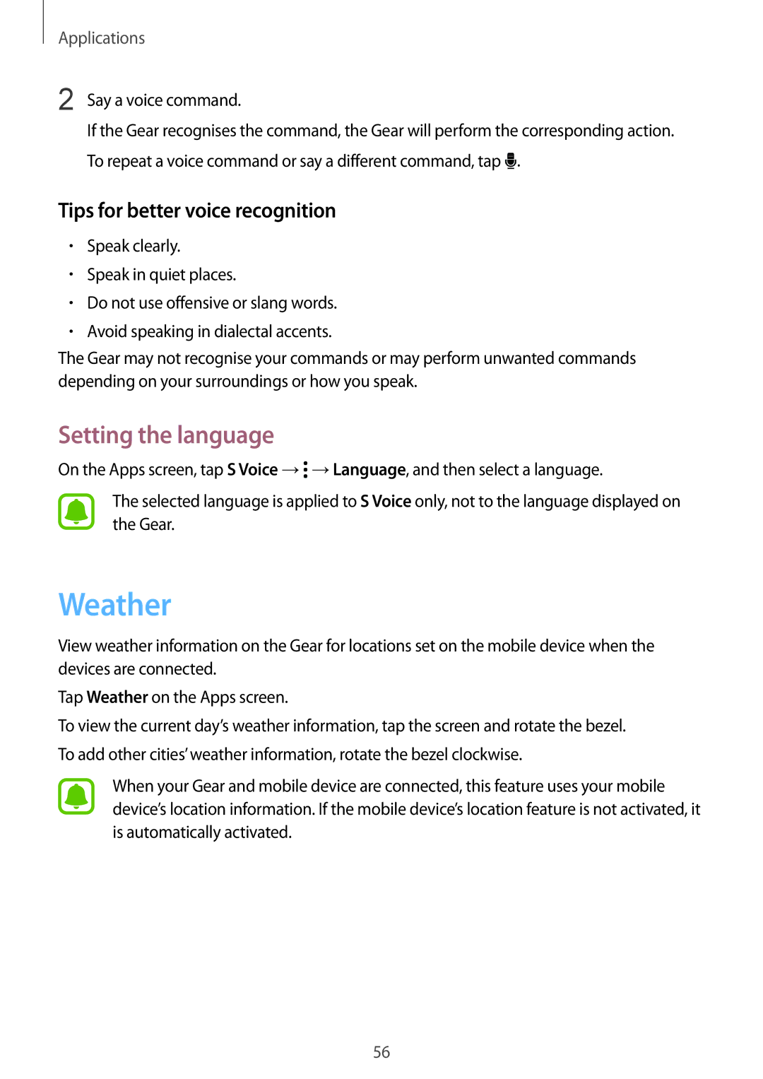 Samsung SM-R7200ZWASER manual Weather, Setting the language, Tips for better voice recognition, Say a voice command 