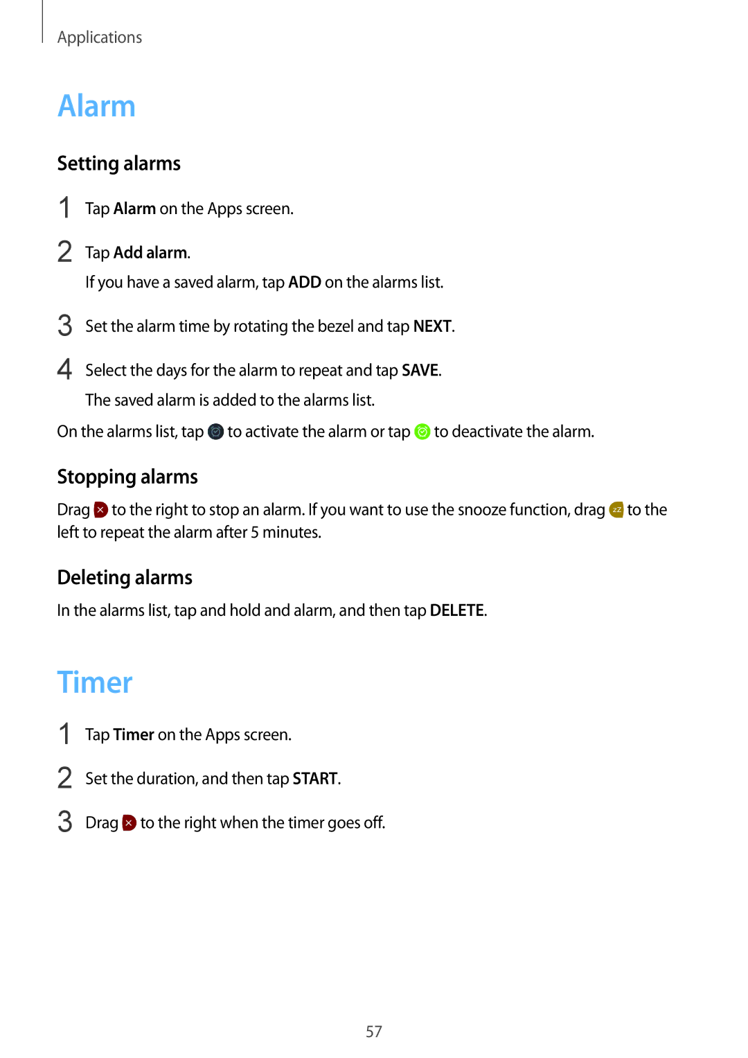 Samsung SM-R7200ZKASER, SM-R7320ZKADBT, SM-R7320WDADBT manual Alarm, Timer, Setting alarms, Stopping alarms, Deleting alarms 