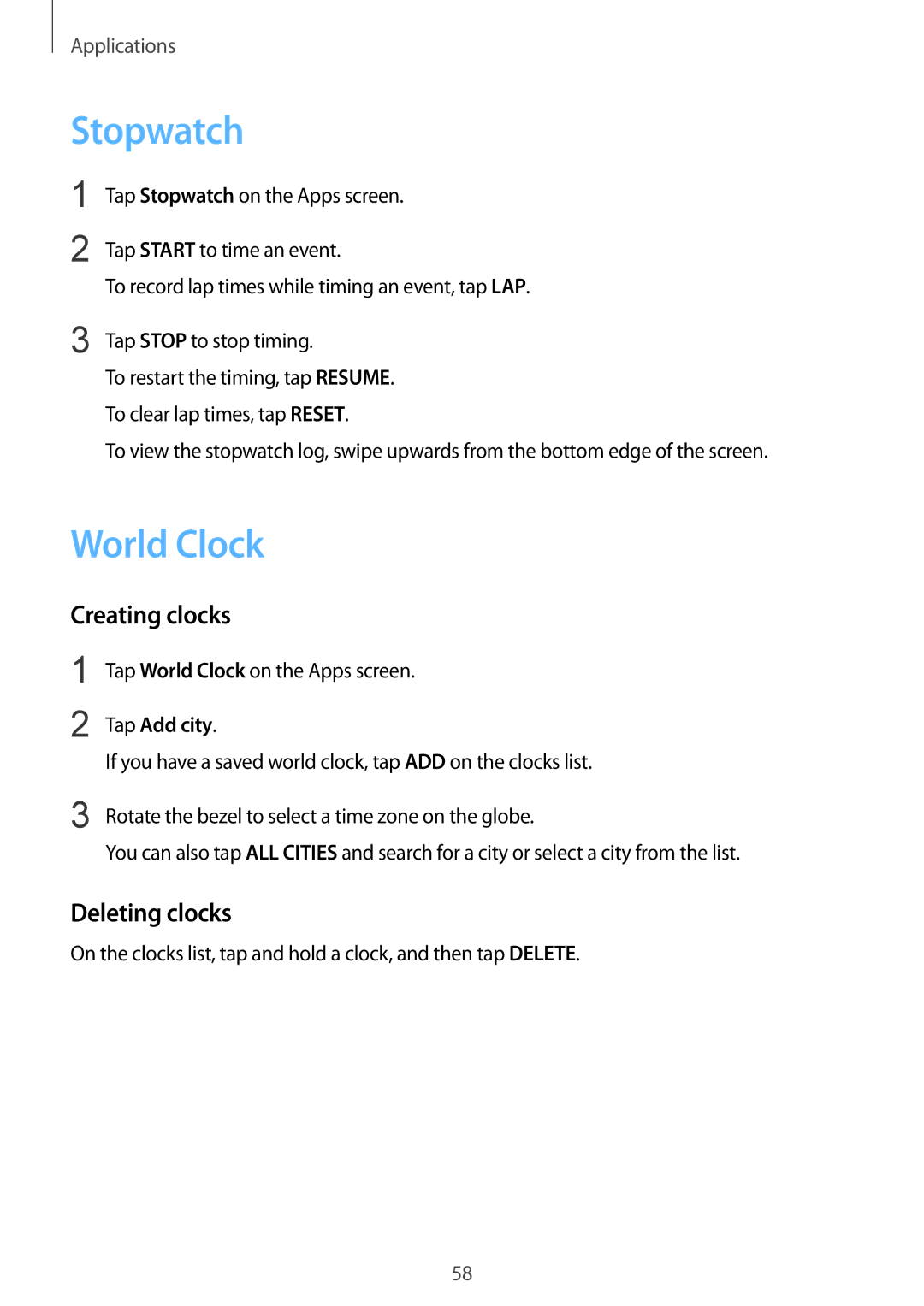 Samsung SM-R7320ZKADBT, SM-R7320WDADBT manual Stopwatch, World Clock, Creating clocks, Deleting clocks, Tap Add city 