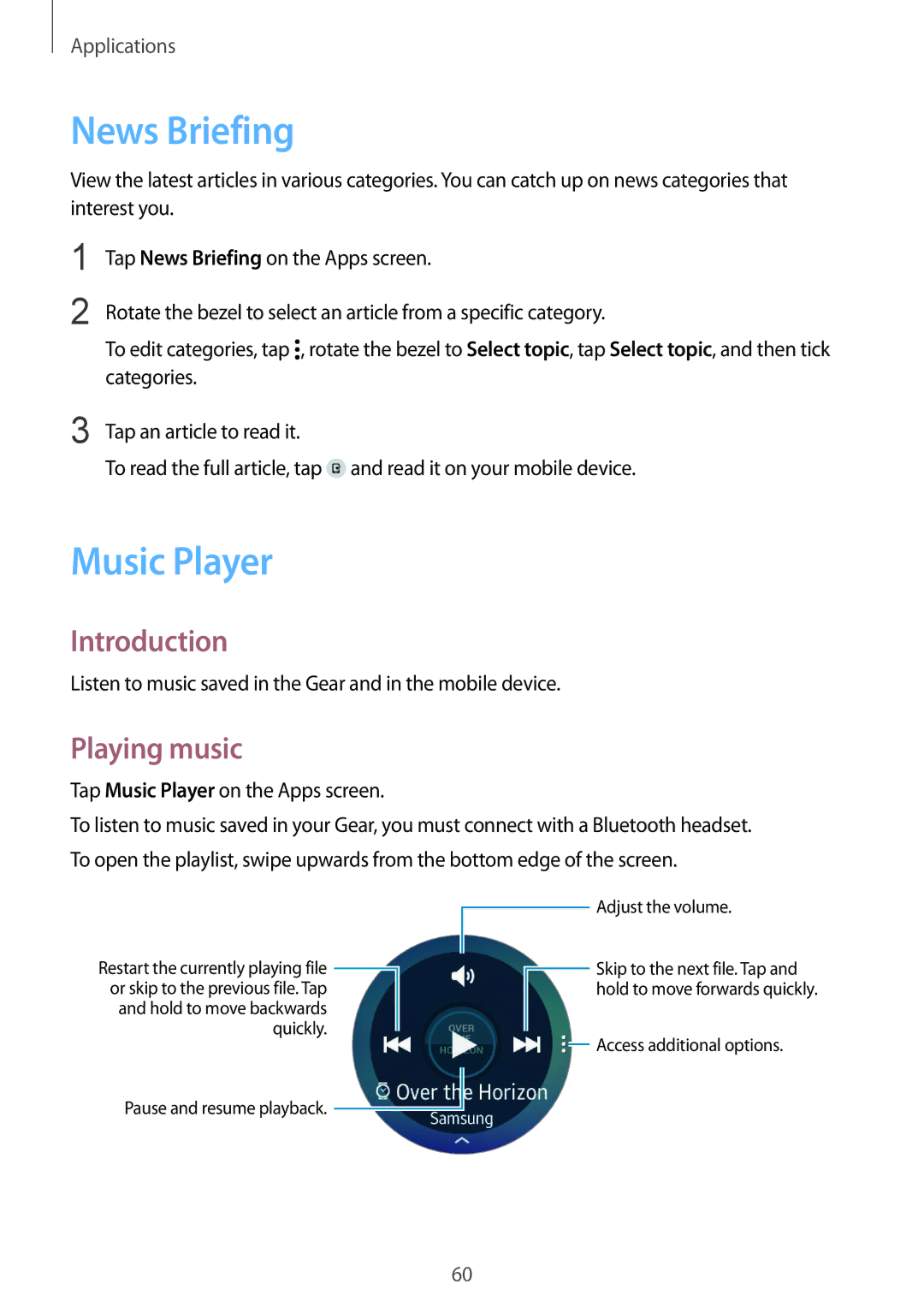 Samsung SM-R7200ZKADBT, SM-R7320ZKADBT manual News Briefing, Playing music, Tap Music Player on the Apps screen 