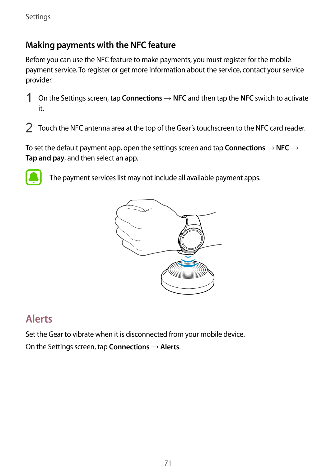 Samsung SM-R7320ZKAXJP, SM-R7320ZKADBT, SM-R7320WDADBT, SM-R7200ZKADBT manual Alerts, Making payments with the NFC feature 