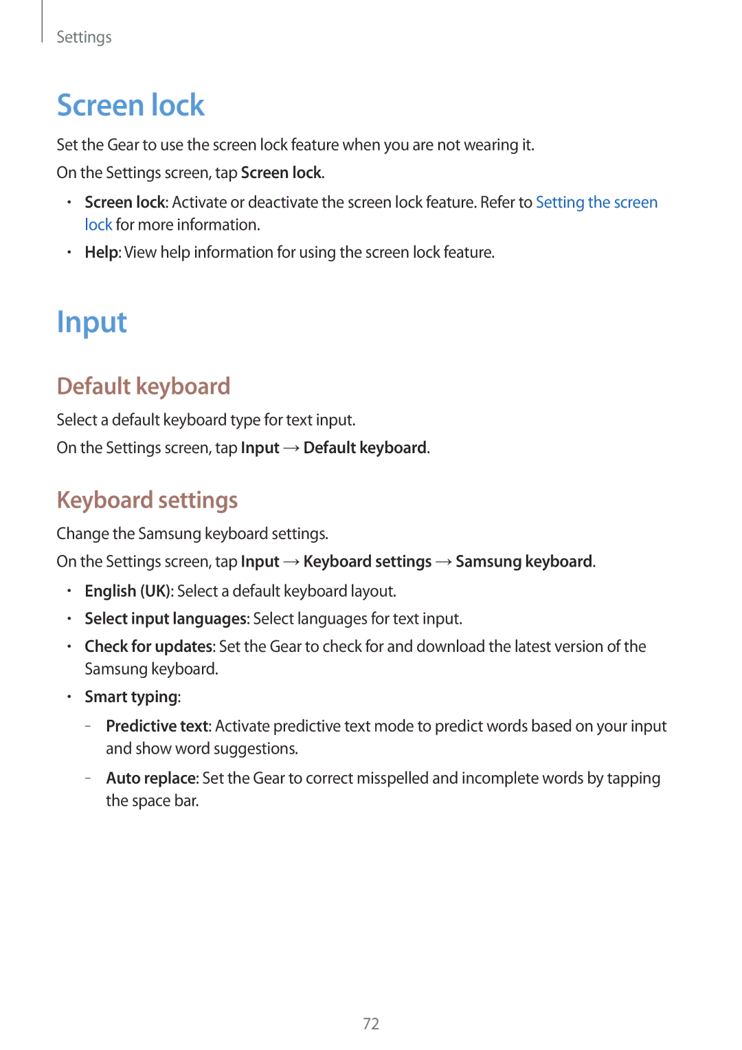 Samsung SM-R7320ZKAKDI, SM-R7320ZKADBT manual Screen lock, Input, Default keyboard, Keyboard settings, Smart typing 