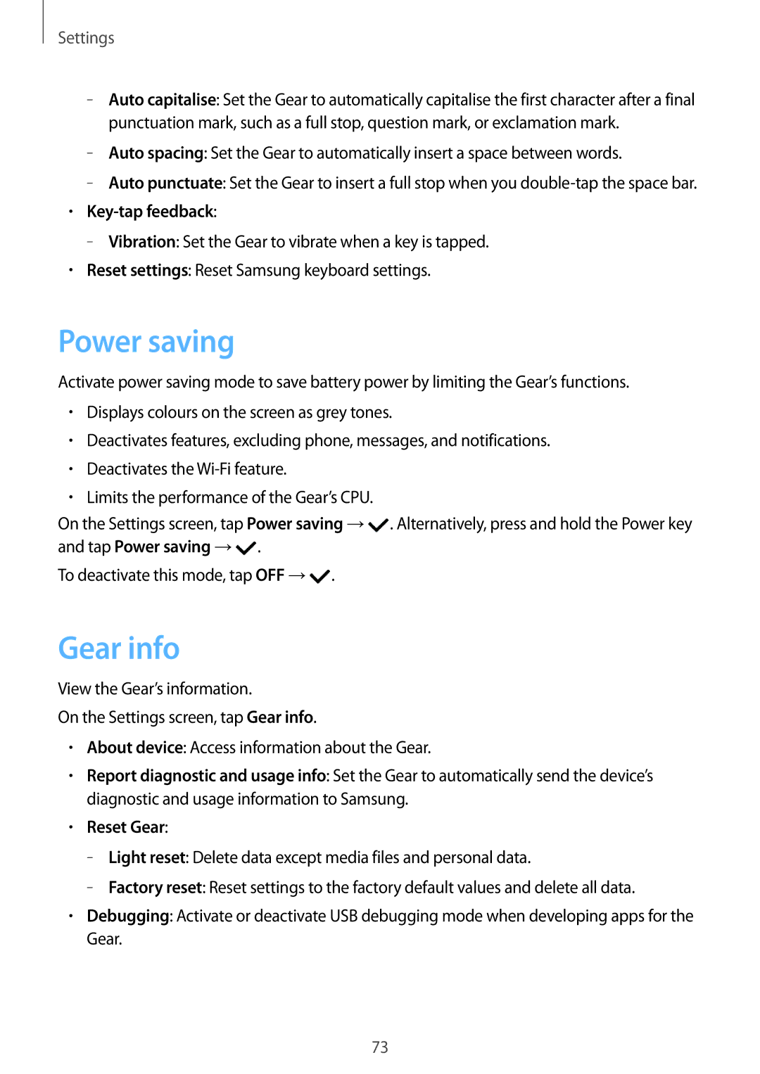 Samsung SM-R7320ZKAITV, SM-R7320ZKADBT, SM-R7320WDADBT, SM-R7200ZKADBT manual Power saving, Gear info, Key-tap feedback 