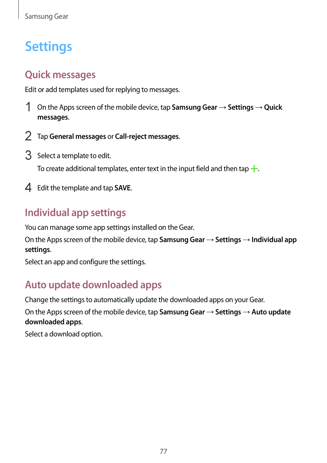 Samsung SM-R7200ZWAITV, SM-R7320ZKADBT manual Settings, Quick messages, Individual app settings, Auto update downloaded apps 