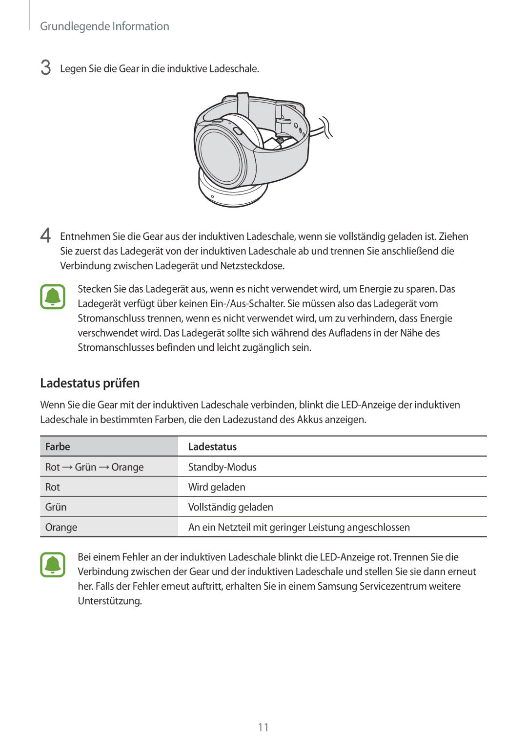 Samsung SM-R7320WDADBT, SM-R7320ZKADBT, SM-R7200ZKADBT, SM-R7200ZWADBT, SM-R7320ZDADBT Ladestatus prüfen, Farbe Ladestatus 