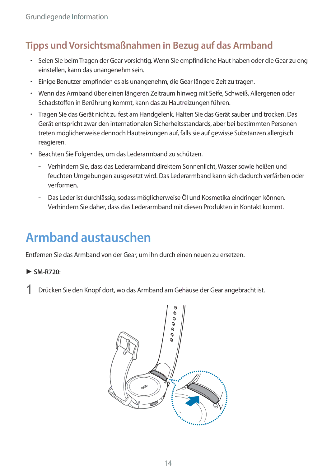 Samsung SM-R7320ZDADBT, SM-R7320ZKADBT manual Armband austauschen, Tipps und Vorsichtsmaßnahmen in Bezug auf das Armband 