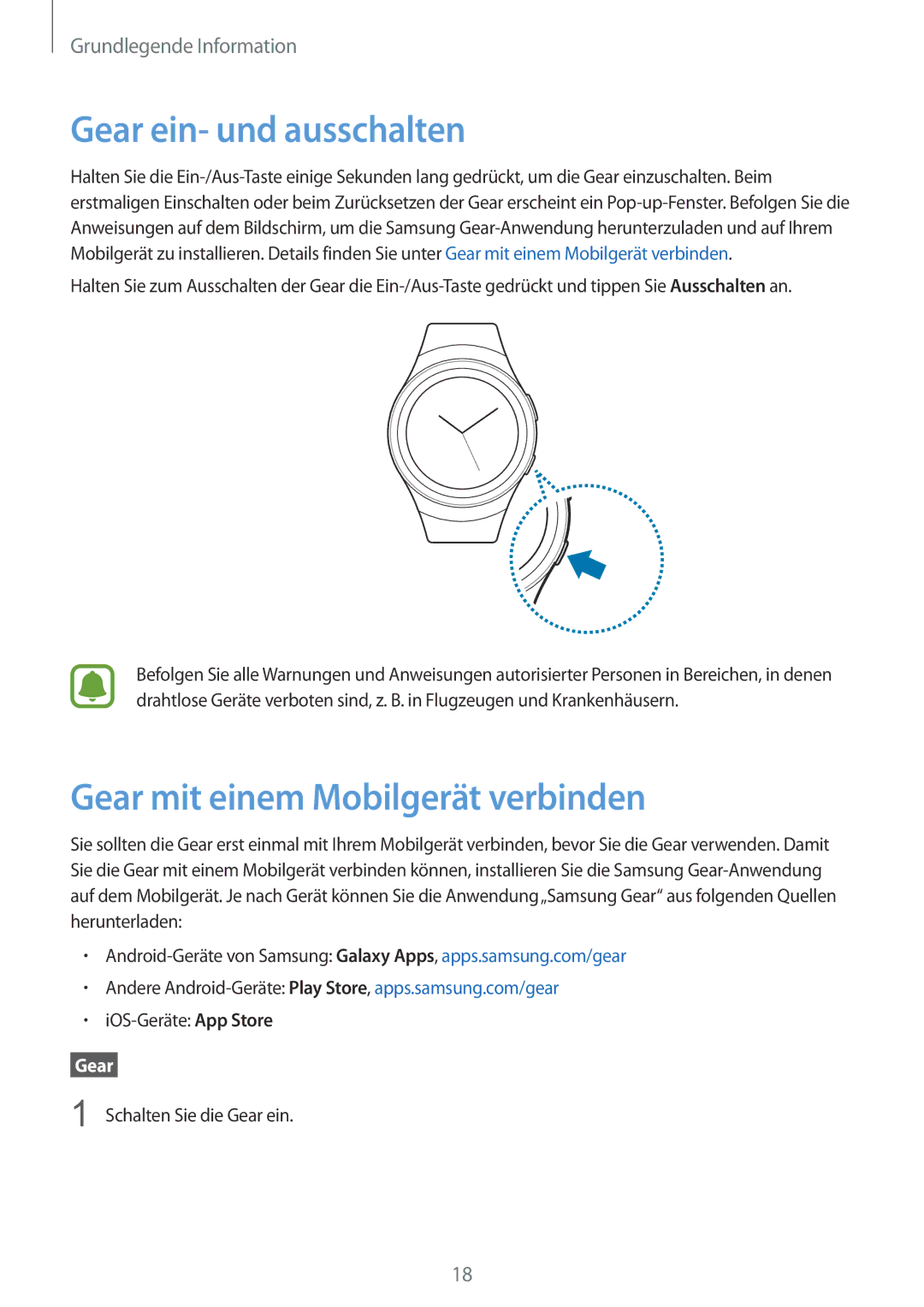 Samsung SM-R7200ZWADBT, SM-R7320ZKADBT, SM-R7320WDADBT manual Gear ein- und ausschalten, Gear mit einem Mobilgerät verbinden 