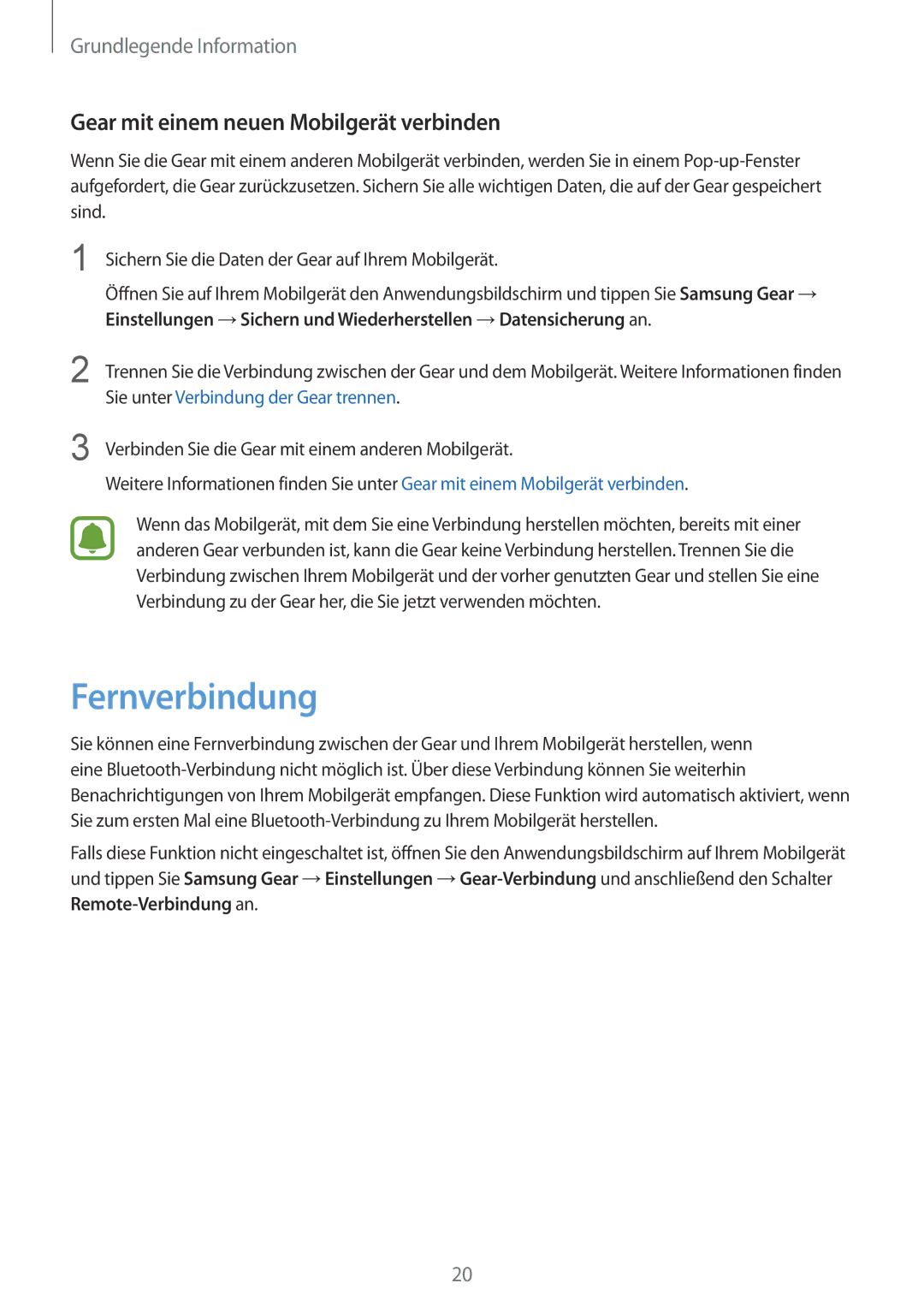 Samsung SM-R7320ZKADBT, SM-R7320WDADBT, SM-R7200ZKADBT manual Fernverbindung, Gear mit einem neuen Mobilgerät verbinden 