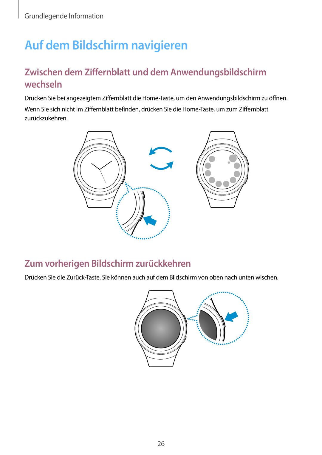 Samsung SM-R7320WDADBT, SM-R7320ZKADBT manual Auf dem Bildschirm navigieren, Zum vorherigen Bildschirm zurückkehren 