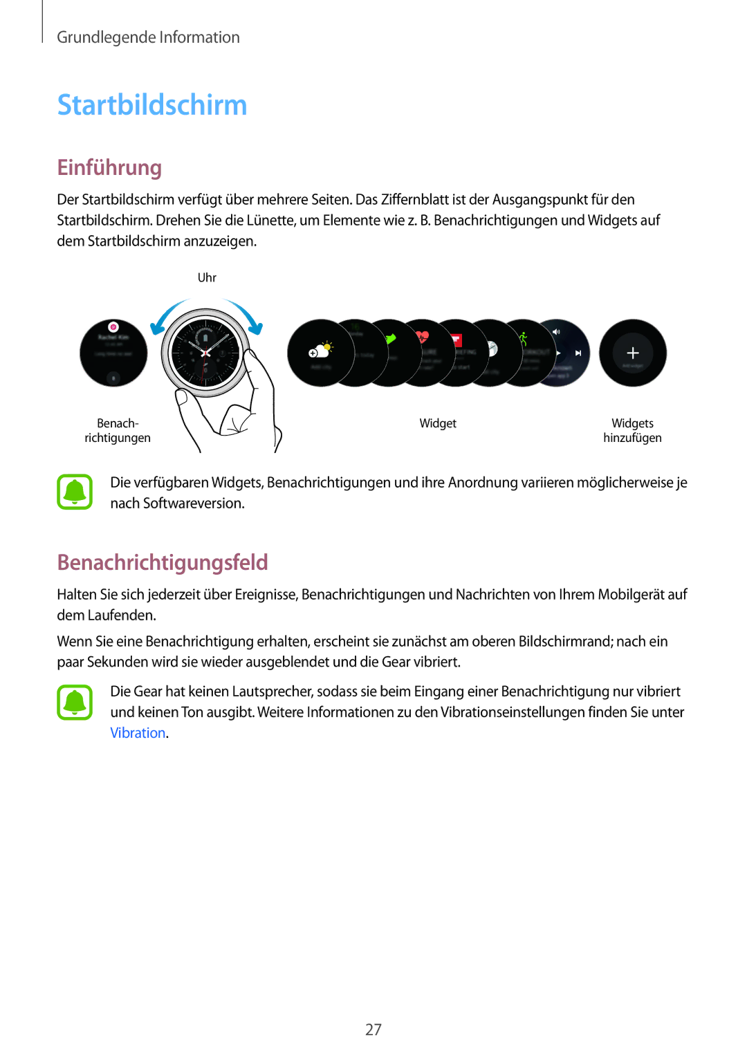 Samsung SM-R7200ZKADBT, SM-R7320ZKADBT, SM-R7320WDADBT, SM-R7200ZWADBT Startbildschirm, Einführung, Benachrichtigungsfeld 