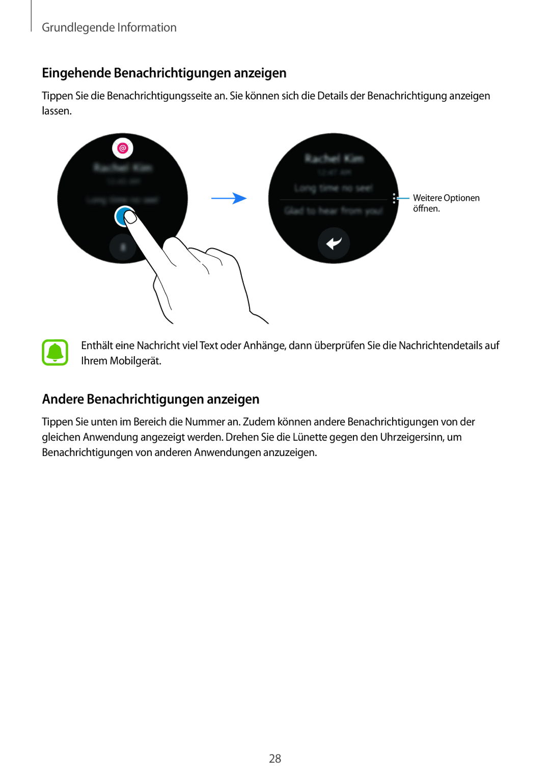 Samsung SM-R7200ZWADBT, SM-R7320ZKADBT manual Eingehende Benachrichtigungen anzeigen, Andere Benachrichtigungen anzeigen 