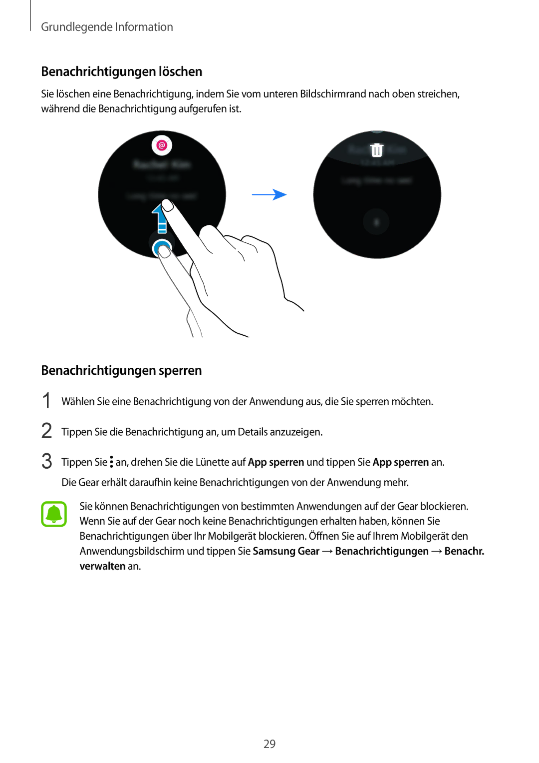 Samsung SM-R7320ZDADBT, SM-R7320ZKADBT, SM-R7320WDADBT manual Benachrichtigungen löschen, Benachrichtigungen sperren 